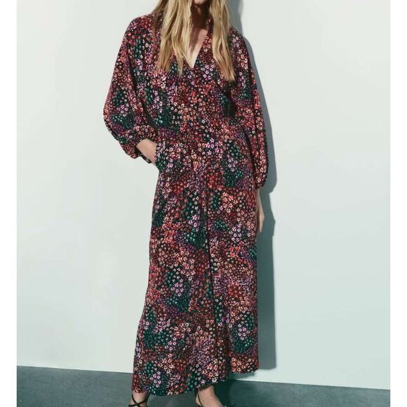 Zara Multicolor Boho Floral Allover Print Balloon Long Sleeve Maxi Dress Size Sm - Picture 13 of 13